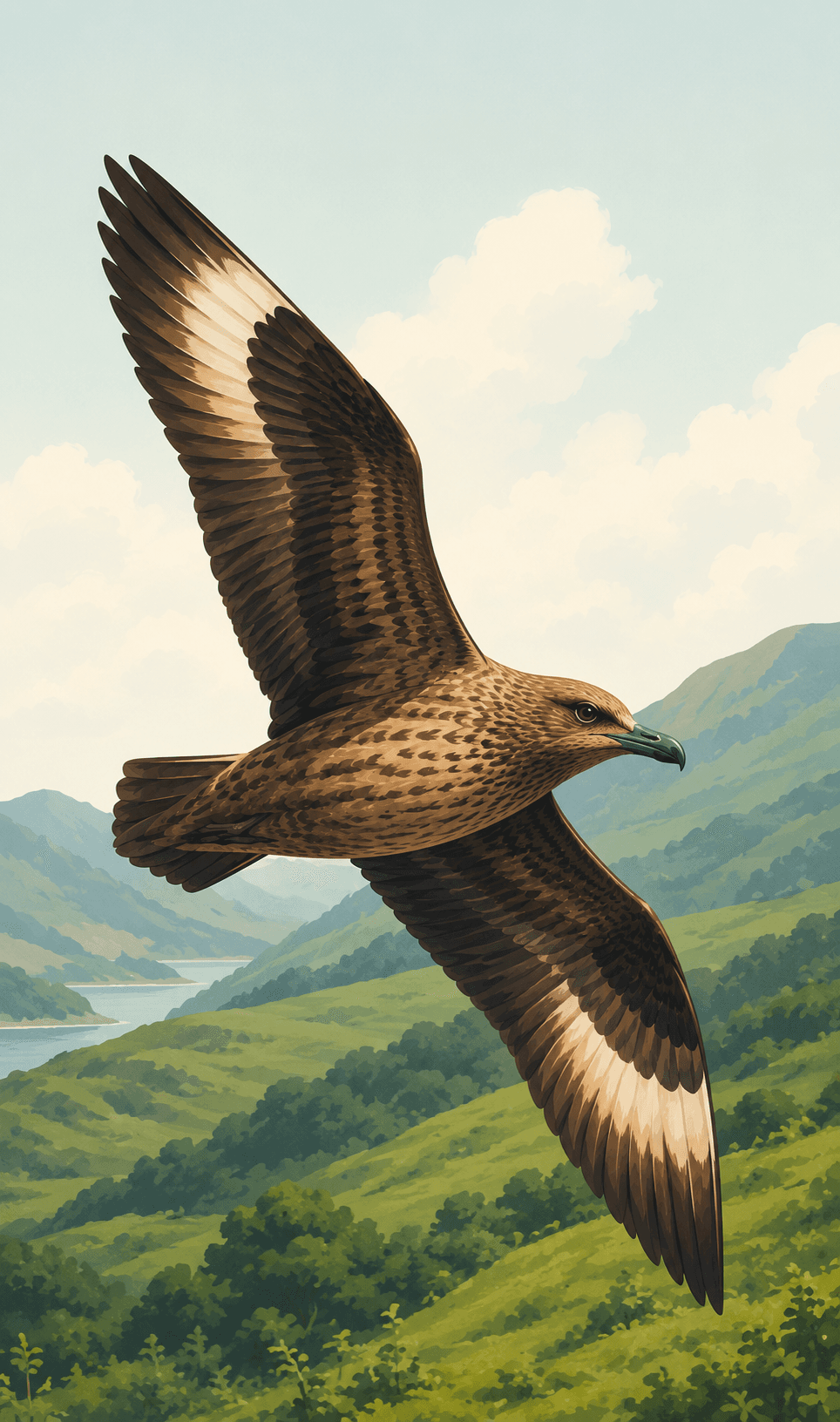 A painted Squa bird flying above a mountain landscape.